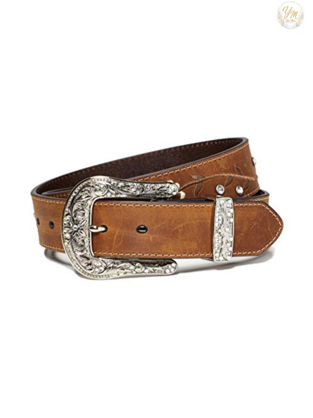 Western Leather Belt with Rhinestone Conchos Detachable Buckle